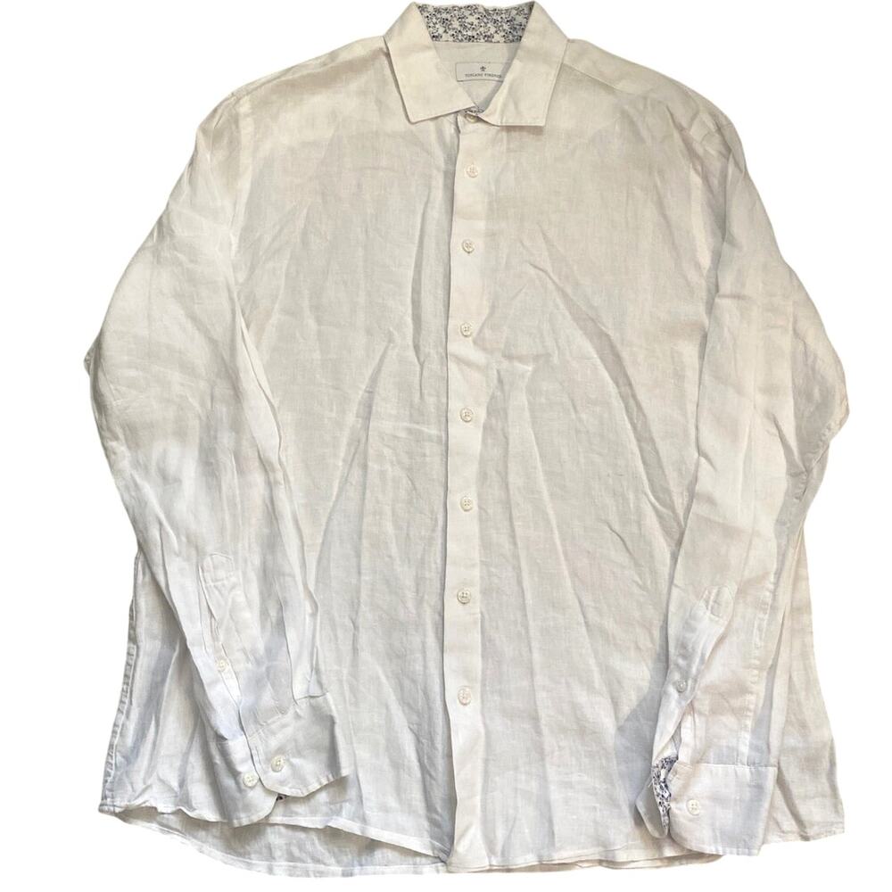 Toscano Firenze Mens White Linen Long Sleeve Button Down Shirt XL Floral Trim